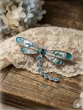 Vintage Enamel & Rhinestone Dragonfly Brooch - Teal & Silver Tone